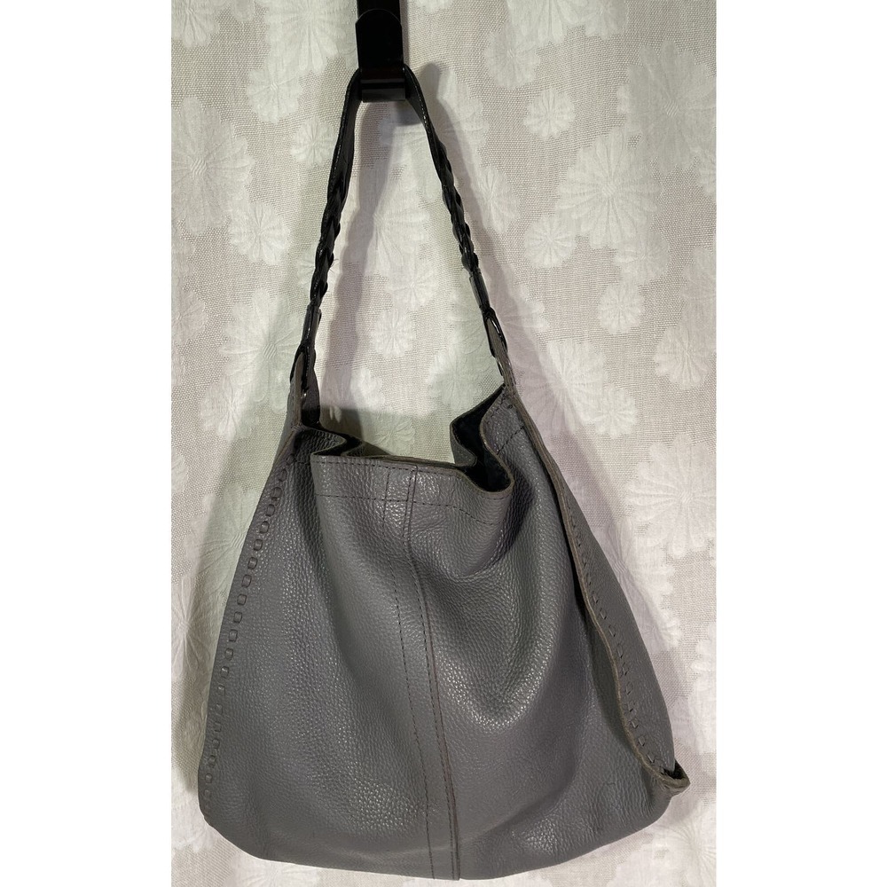 Vintage Lucky Brand Soft Pebble Leather Hobo Boho Sack Grey Braided Strap READ